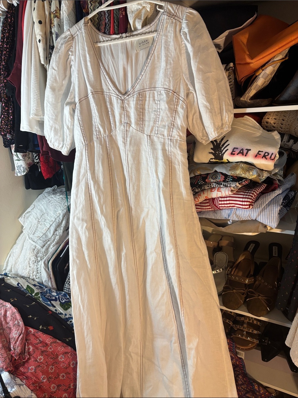 DISSH white  V-Neck Maxi Dress with Puff Sleeves